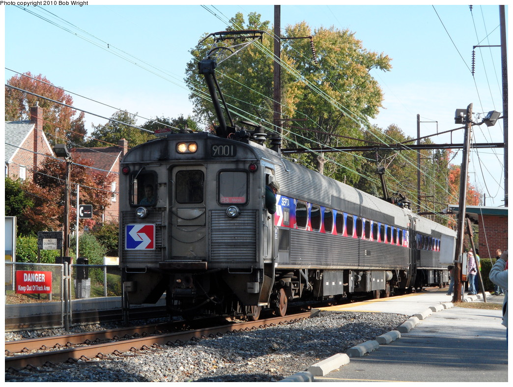 (349k, 1044x788)<br><b>Country:</b> United States<br><b>City:</b> Philadelphia, PA<br><b>System:</b> SEPTA Regional Rail<br><b>Line:</b> SEPTA R3<br><b>Location:</b> Gladstone<br><b>Route:</b> Fan Trip<br><b>Car:</b> SEPTA Silverliner II (Ex-RDG) (Budd, 1963) 9001 <br><b>Photo by:</b> Bob Wright<br><b>Date:</b> 10/24/2010<br><b>Viewed (this week/total):</b> 1 / 569