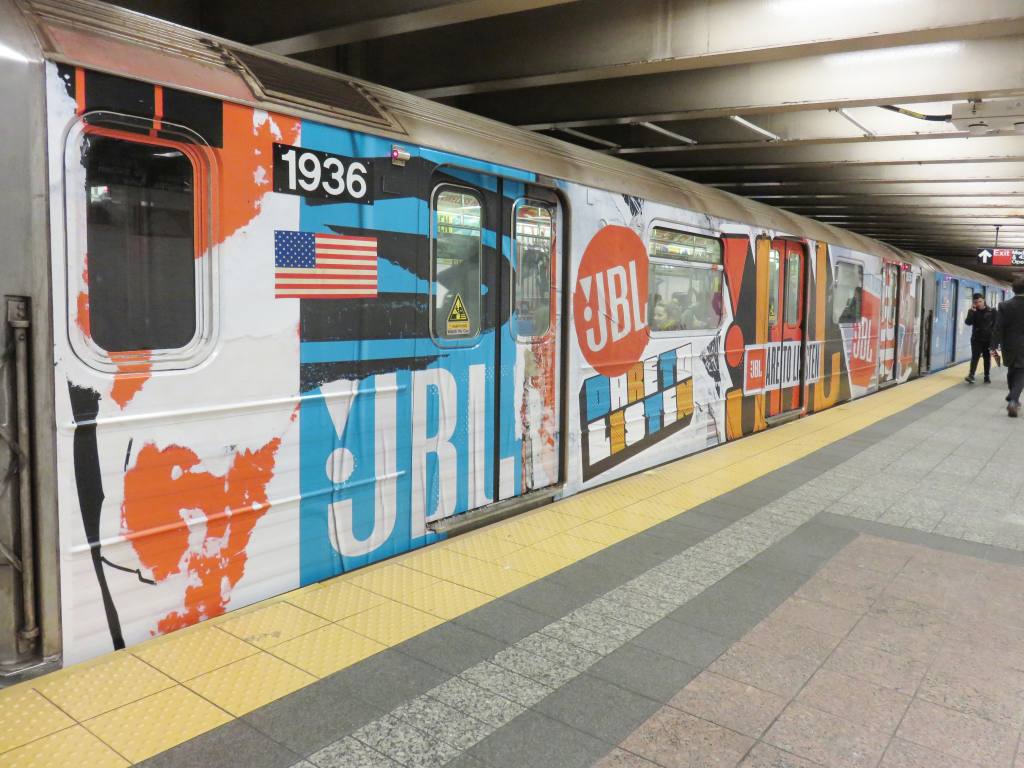 (135k, 1024x768)<br><b>Country:</b> United States<br><b>City:</b> New York<br><b>System:</b> New York City Transit<br><b>Line:</b> IRT Times Square-Grand Central Shuttle<br><b>Location:</b> Grand Central<br><b>Route:</b> S<br><b>Car:</b> R-62A (Bombardier, 1984-1987) 1936 <br><b>Photo by:</b> Robbie Rosenfeld<br><b>Date:</b> 10/17/2017<br><b>Notes:</b> JBL ad wrap<br><b>Viewed (this week/total):</b> 2 / 1071