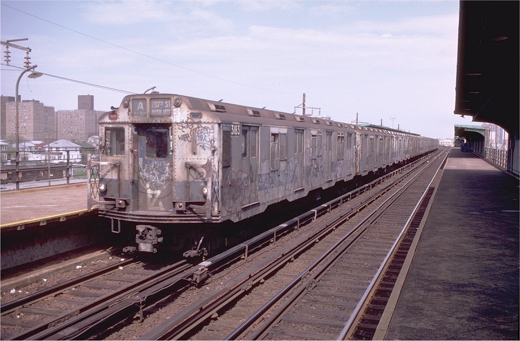 (198k, 1024x671)<br><b>Country:</b> United States<br><b>City:</b> New York<br><b>System:</b> New York City Transit<br><b>Line:</b> IND Rockaway Line<br><b>Location:</b> Beach 44th Street/Frank Avenue<br><b>Route:</b> A<br><b>Car:</b> R-10 (American Car & Foundry, 1948) 3183 <br><b>Photo by:</b> Doug Grotjahn<br><b>Collection of:</b> Joe Testagrose<br><b>Date:</b> 5/1/1982<br><b>Viewed (this week/total):</b> 0 / 6997