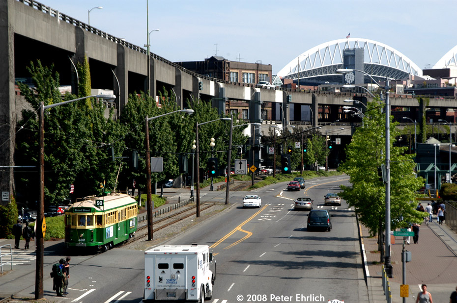 (270k, 930x618)<br><b>Country:</b> United States<br><b>City:</b> Seattle, WA<br><b>System:</b> King County Metro<br><b>Line:</b> Waterfront Streetcar<br><b>Location:</b> Alaskan Way/Columbia<br><b>Car:</b> Melbourne W2 Class (1923-1931) 482 <br><b>Photo by:</b> Peter Ehrlich<br><b>Date:</b> 5/31/2003<br><b>Notes:</b> Car 482. View from the Pier 52 Ferry Slip pedestrian bridge. The new Seattle Seahawks football stadium is in the background.<br><b>Viewed (this week/total):</b> 0 / 2817