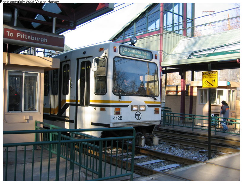 (147k, 820x620)<br><b>Country:</b> United States<br><b>City:</b> Pittsburgh, PA<br><b>System:</b> PAT<br><b>Location:</b> South Hills Jct.<br><b>Route:</b> 42S-South Hills Village<br><b>Car:</b> Pittsburgh Siemens LRV 4121/4128 <br><b>Photo by:</b> Valerie Harvey<br><b>Date:</b> 2/11/2005<br><b>Notes:</b> Inbound at South Hills Junction station, high-level platforms, Siemens cars.<br><b>Viewed (this week/total):</b> 0 / 1851