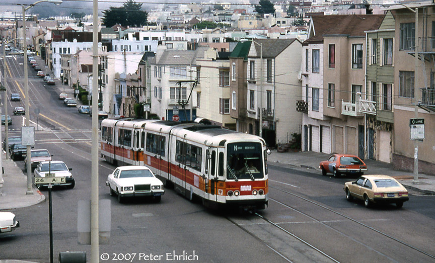 (215k, 864x523)<br><b>Country:</b> United States<br><b>City:</b> San Francisco/Bay Area, CA<br><b>System:</b> SF MUNI<br><b>Line:</b> MUNI Metro (N-Judah)<br><b>Location:</b> Judah/26th<br><b>Car:</b> MUNI Standard LRV (Boeing-Vertol, 1976-78) 1214 <br><b>Photo by:</b> Peter Ehrlich<br><b>Date:</b> 7/1988<br><b>Notes:</b> Judah/26th Avenue outbound.<br><b>Viewed (this week/total):</b> 0 / 1655