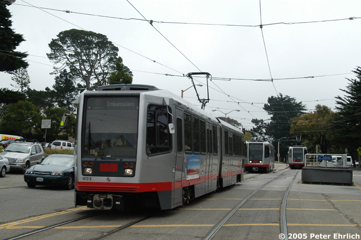 (136k, 720x478)<br><b>Country:</b> United States<br><b>City:</b> San Francisco/Bay Area, CA<br><b>System:</b> SF MUNI<br><b>Line:</b> MUNI Metro (K/M)<br><b>Location:</b> St. Francis Circle<br><b>Car:</b> SF MUNI Breda LRV 1472/1478 <br><b>Photo by:</b> Peter Ehrlich<br><b>Date:</b> 8/1/2005<br><b>Notes:</b> 1472 (K-Line, inbound) and another inbound LRV with outbound 1478 at St. Francis Circle.<br><b>Viewed (this week/total):</b> 1 / 1419